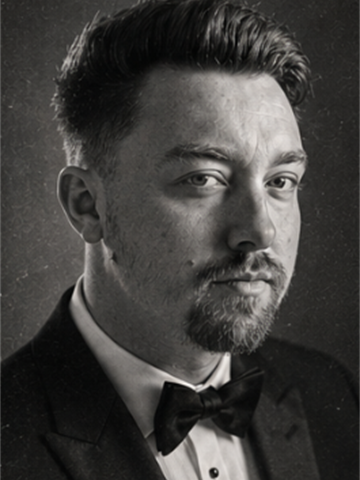 Dean Watson in profile, black tie