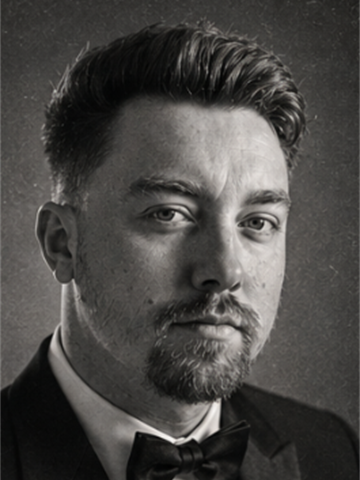 Dean Watson in tuxedo, three-quarter view