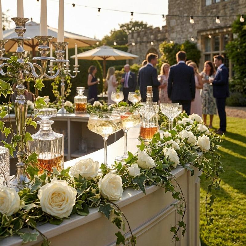 Elegant outdoor wedding drinks reception with champagne and floral arrangements